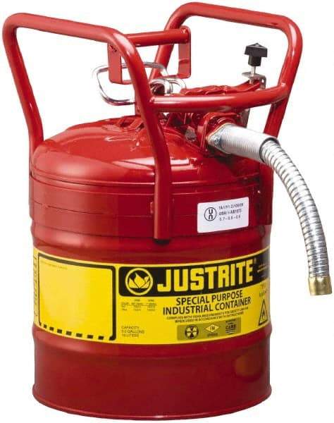 Justrite - 5 Gal Brass Type II DOT Safety Can - 17-1/2" High x 11-3/4" Diam, Red - Benchmark Tooling