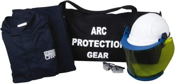 PRO-SAFE - Size XL, 4 HRC, Arc Flash Clothing Kit - 43 cal per Sq cm, Hard Cap, Hood, Face Shield, 35" Jacket, Bib Overalls, with Gear Bag - Benchmark Tooling