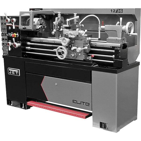 Jet - 12" Swing, 36" Between Centers, 230 Volt, Single Phase Engine Lathe - 5MT Taper, 2 hp, 40 to 2,000 RPM, 1-9/16" Bore Diam, 30" Deep x 60" High x 71" Long - Benchmark Tooling