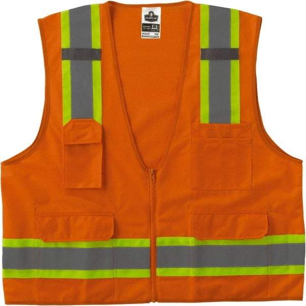 Ergodyne - Size 4X/5XL High Visibility Orange Mesh/Solid Surveyor's Vest - 58 to 64" Chest, ANSI/ISEA 107, Zipper Closure, 6 Pockets, Polyester - Benchmark Tooling