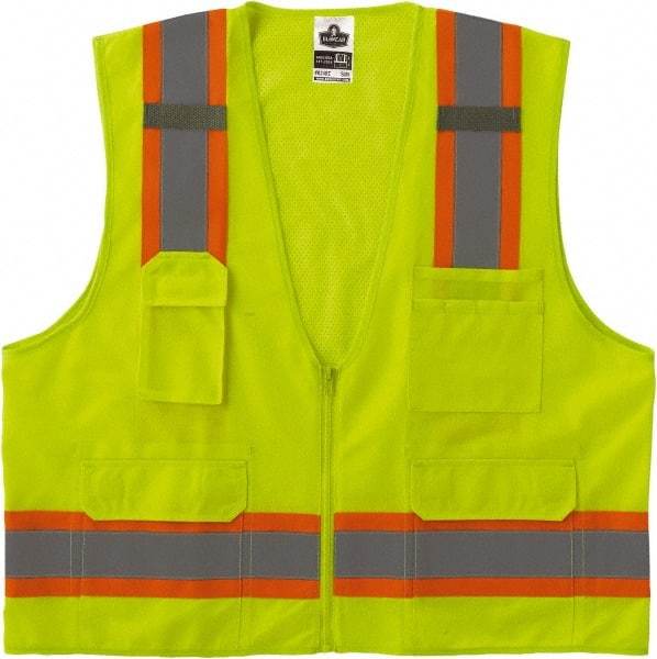 Ergodyne - Size S/M High Visibility Lime Mesh/Solid Surveyor's Vest - 36 to 44" Chest, ANSI/ISEA 107, Zipper Closure, 6 Pockets, Polyester - Benchmark Tooling