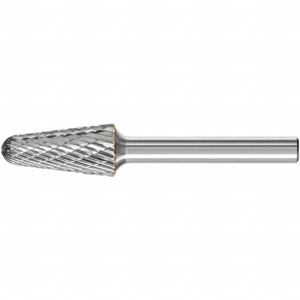 PFERD - 1/2" Cut Diam, 1/4" Shank Diam, Taper Head Double Cut Burr - Carbide, Radius End, 1-1/8" LOC, 3.16" OAL - Benchmark Tooling