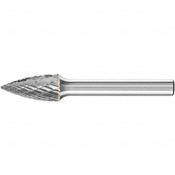 PFERD - 3/8" Cut Diam, 1/4" Shank Diam, Tree Head Double Cut Burr - Carbide, Point End, 1" LOC, 2-1/2" OAL - Benchmark Tooling