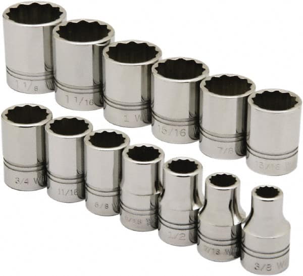 Ability One - 3/8" Drive Socket Set - 12 Points, 1/4" to 7/8" Range, Inch Measurement Standard - Benchmark Tooling