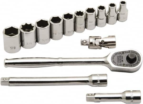 Ability One - 1/4" Drive Socket Set - 12 Points, 3/16" to 9/16" Range, Inch Measurement Standard - Benchmark Tooling