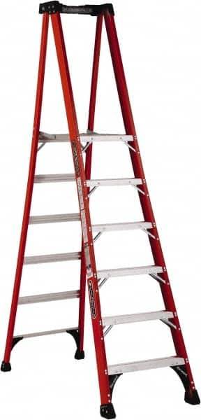 Louisville - 3 Steps, 3' High, Type IAA Rating, Fiberglass Platform Ladder - 375 Lb Load Capacity, 23-1/32" Base Width - Benchmark Tooling