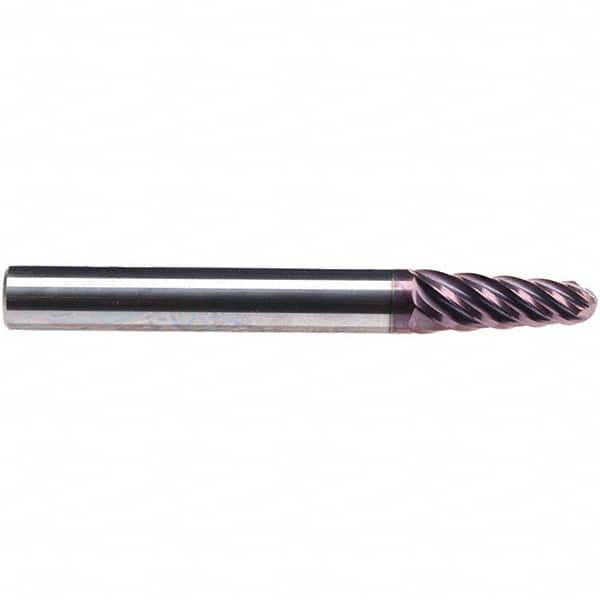Emuge - 4° Taper Angle per Side, 17.44mm Small End Diam, 36mm LOC, Solid Carbide 6 Flute Tapered Ball End Mill - TiAlN Finish, 108mm OAL, 20mm Shank Diam, Spiral Flute, 38° Helix - Benchmark Tooling