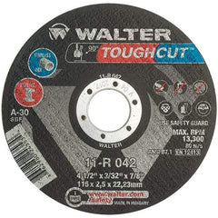 WALTER Surface Technologies - 4-1/2" 30 Grit Aluminum Oxide Cutoff Wheel - 3/32" Thick, 7/8" Arbor, 13,300 Max RPM, Use with Angle Grinders - Benchmark Tooling