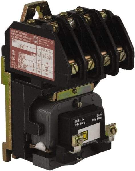 Square D - No Enclosure, 4 Pole, Electrically Held Lighting Contactor - 20 A (Tungsten), 30 A (Fluorescent), 24 VAC at 60 Hz, 4NO Contact Configuration - Benchmark Tooling