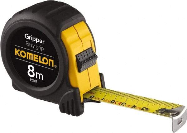 Komelon - 26' x 25mm Yellow Steel Blade Tape Measure - 1/10' & 1mm Graduation, Metric Graduation Style, Yellow/Black ABS Plastic Case - Benchmark Tooling