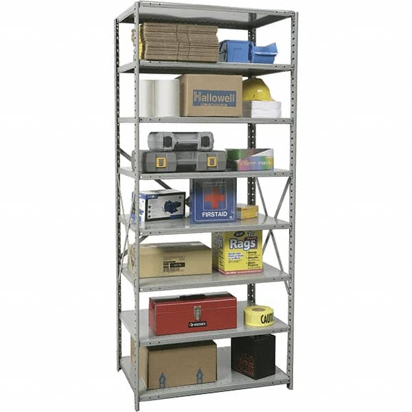 Hallowell - 8 Shelf Starter Medium-Duty Open Steel Shelving - 500 Lb Capacity, 36" Wide x 87" High x 12" Deep, Gray - Benchmark Tooling