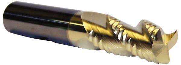 Accupro - 1/2" Diam, Coarse Pitch, 5/8" LOC, 3 Flute Solid Carbide 0.06" Corner Radius Roughing End Mill - ZrN Finish, 2-1/2" OAL, 1/2" Shank Diam, Single End, Centercutting, 30° Helix - Benchmark Tooling