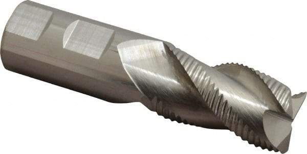 Accupro - 1" Diam, Coarse Pitch, 1-3/4" LOC, 3 Flute Solid Carbide 0.06" Corner Radius Roughing End Mill - Uncoated, 4" OAL, 1" Shank Diam, Single End, Centercutting, 30° Helix - Benchmark Tooling