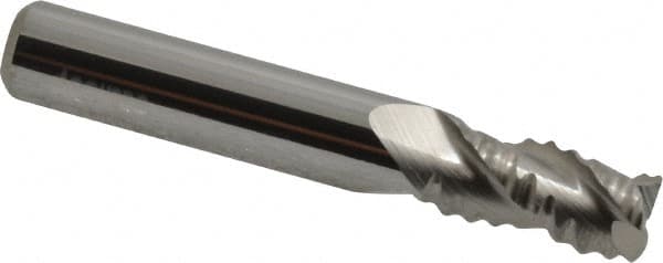 Accupro - 5/16" Diam, Coarse Pitch, 1/2" LOC, 3 Flute Solid Carbide 0.045" Corner Radius Roughing End Mill - Uncoated, 2" OAL, 5/16" Shank Diam, Single End, Centercutting, 30° Helix - Benchmark Tooling