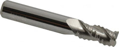 Accupro - 5/16" Diam, Coarse Pitch, 1/2" LOC, 3 Flute Solid Carbide 0.045" Corner Radius Roughing End Mill - Uncoated, 2" OAL, 5/16" Shank Diam, Single End, Centercutting, 30° Helix - Benchmark Tooling