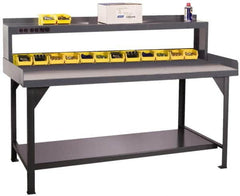 Durham - 72 Wide x 30" Deep x 47" High, Cold-Rolled Steel Workbench with Shelf Riser - Flat Top, Rounded Edge, Fixed Legs With Pre-Drill Holes for Anchoring - Benchmark Tooling