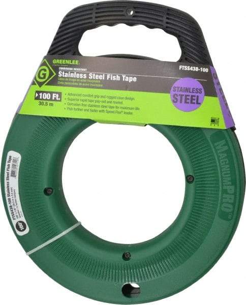 Greenlee - 100 Ft. Long x 1/8 Inch Wide, 0.045 Inch Thick, Stainless Steel Fish Tape - 400 Lb. Pulling Strength, Includes Case - Benchmark Tooling