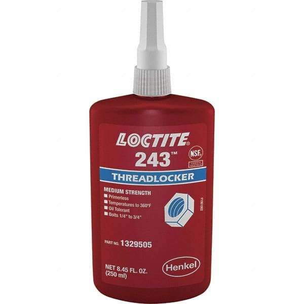 Loctite - 250 mL Bottle, Blue, Medium Strength Liquid Threadlocker - Series 243, 24 hr Full Cure Time, Hand Tool, Heat Removal - Benchmark Tooling