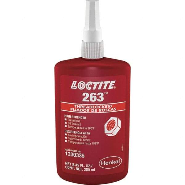 Loctite - 250 mL Bottle, Red, High Strength Liquid Threadlocker - Series 263, 24 hr Full Cure Time, Hand Tool, Heat Removal - Benchmark Tooling