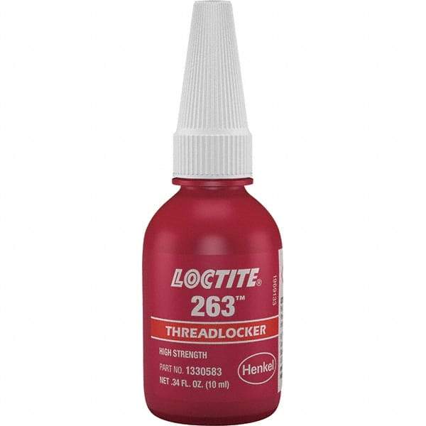 Loctite - 10 mL Bottle, Red, High Strength Liquid Threadlocker - Series 263, 24 hr Full Cure Time, Hand Tool, Heat Removal - Benchmark Tooling