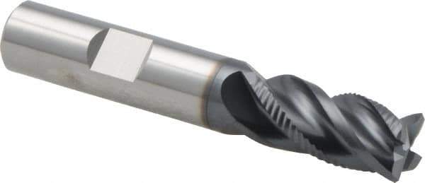 Iscar - 1/2" Diam, 1" LOC, 4 Flute Solid Carbide Roughing & Finishing Corner Chamfer End Mill - TiAlN Finish, 3" OAL, 1/2" Shank Diam, Weldon Shank, 38° Helix, Centercutting, Regular Length - Benchmark Tooling