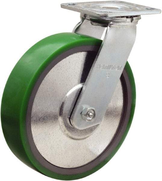 Hamilton - 8" Diam x 2" Wide x 9-1/2" OAH Top Plate Mount Swivel Caster - Polyurethane Mold onto Cast Iron Center, 900 Lb Capacity, Sealed Precision Ball Bearing, 4 x 4-1/2" Plate - Benchmark Tooling