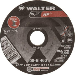 WALTER Surface Technologies - 24 Grit, 4-1/2" Wheel Diam, 1/4" Wheel Thickness, 7/8" Arbor Hole, Type 27 Depressed Center Wheel - Aluminum Oxide, 13,300 Max RPM - Benchmark Tooling