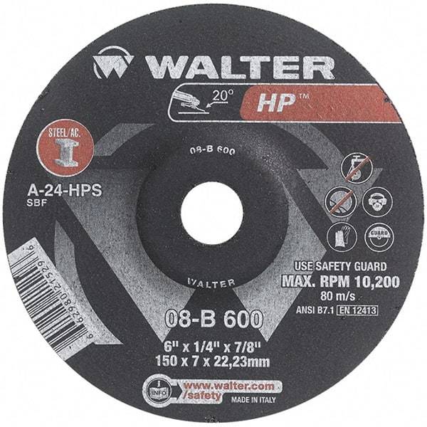 WALTER Surface Technologies - 24 Grit, 6" Wheel Diam, 1/4" Wheel Thickness, 7/8" Arbor Hole, Type 27 Depressed Center Wheel - Aluminum Oxide, Resinoid Bond, 10,200 Max RPM - Benchmark Tooling