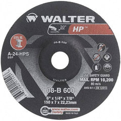 WALTER Surface Technologies - 24 Grit, 6" Wheel Diam, 1/4" Wheel Thickness, 7/8" Arbor Hole, Type 27 Depressed Center Wheel - Aluminum Oxide, Resinoid Bond, 10,200 Max RPM - Benchmark Tooling