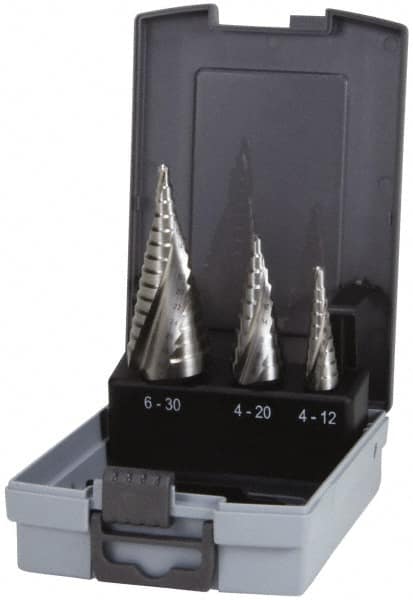 Drill Bit Set: Step Drill Bits, 3 Pc, 30″ Drill Bit Size, 118 °, High Speed Steel Bright/Uncoated, Split-Point