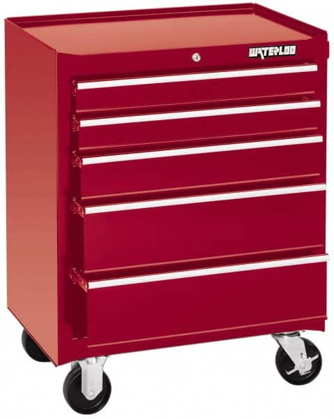 Waterloo - 5 Drawer 1,100 Lb Capacity Steel Tool Roller Cabinet - 26-1/2" Wide x 34-1/2" High x 18" Deep, Ball Bearing Drawer Slides, Red - Benchmark Tooling