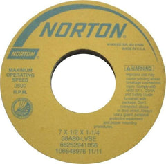 Norton - 7" Diam x 1-1/4" Hole x 1/2" Thick, L Hardness, 80 Grit Surface Grinding Wheel - Aluminum Oxide, Type 1, Medium Grade, 3,600 Max RPM, Vitrified Bond, No Recess - Benchmark Tooling