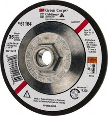 3M - 36 Grit, 4-1/2" Wheel Diam, 1/8" Wheel Thickness, Type 27 Depressed Center Wheel - Ceramic, 13,300 Max RPM, Compatible with Angle Grinder - Benchmark Tooling