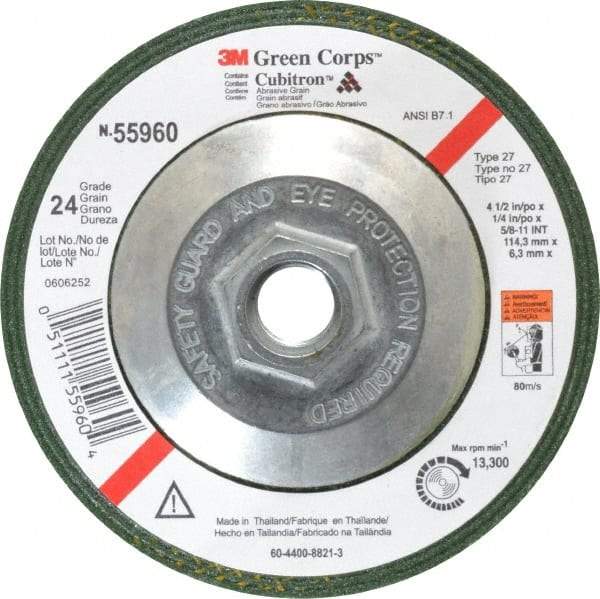 3M - 24 Grit, 4-1/2" Wheel Diam, 1/4" Wheel Thickness, Type 27 Depressed Center Wheel - Ceramic, 13,300 Max RPM, Compatible with Angle Grinder - Benchmark Tooling
