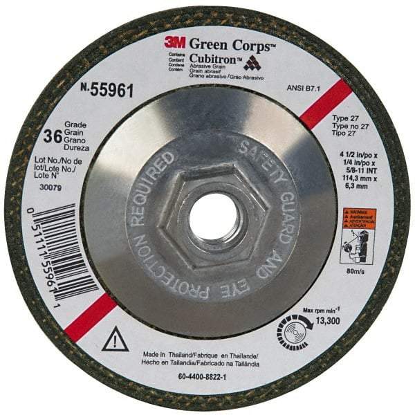 3M - 36 Grit, 4-1/2" Wheel Diam, 1/4" Wheel Thickness, Type 27 Depressed Center Wheel - Ceramic, 13,300 Max RPM, Compatible with Angle Grinder - Benchmark Tooling