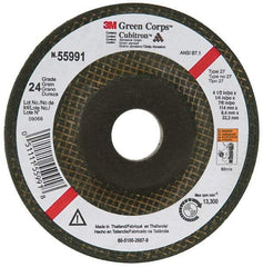 3M - 24 Grit, 4-1/2" Wheel Diam, 1/4" Wheel Thickness, 7/8" Arbor Hole, Type 27 Depressed Center Wheel - Ceramic, 13,300 Max RPM, Compatible with Angle Grinder - Benchmark Tooling