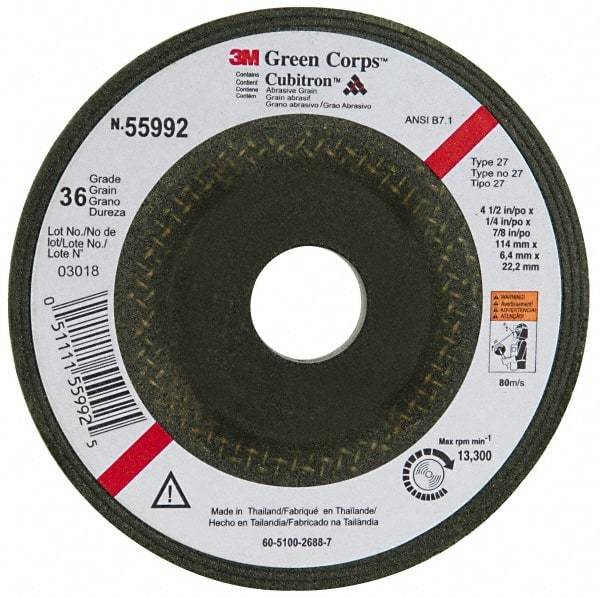 3M - 36 Grit, 4-1/2" Wheel Diam, 1/4" Wheel Thickness, 7/8" Arbor Hole, Type 27 Depressed Center Wheel - Ceramic, 13,300 Max RPM, Compatible with Angle Grinder - Benchmark Tooling