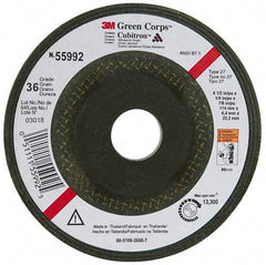 3M - 36 Grit, 4-1/2" Wheel Diam, 1/4" Wheel Thickness, 7/8" Arbor Hole, Type 27 Depressed Center Wheel - Ceramic, 13,300 Max RPM, Compatible with Angle Grinder - Benchmark Tooling