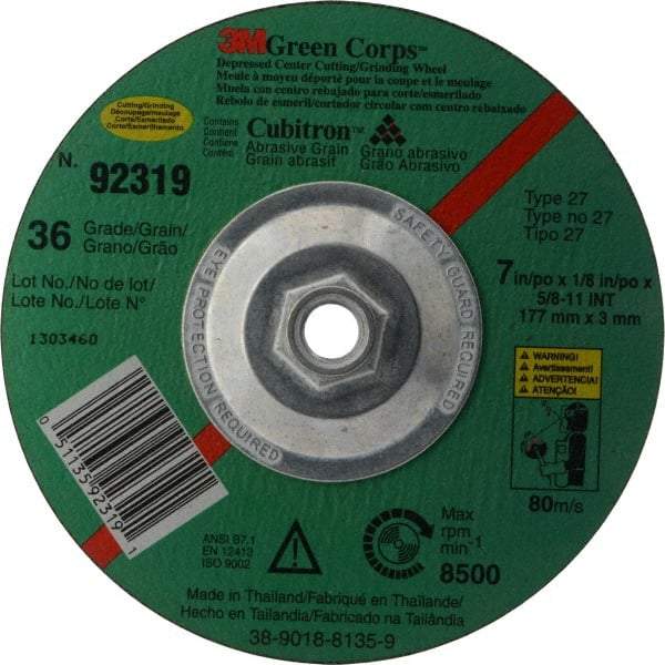 3M - 36 Grit, 7" Wheel Diam, 1/8" Wheel Thickness, Type 27 Depressed Center Wheel - Ceramic, 8,500 Max RPM, Compatible with Angle Grinder - Benchmark Tooling