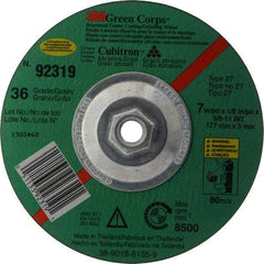 3M - 36 Grit, 7" Wheel Diam, 1/8" Wheel Thickness, Type 27 Depressed Center Wheel - Ceramic, 8,500 Max RPM, Compatible with Angle Grinder - Benchmark Tooling