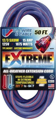 Value Collection - 50', 12/3 Gauge/Conductors, Blue/Pink Indoor & Outdoor Extension Cord - 1 Receptacle, 15 Amps, 125 Volts, UL SJEOW, NEMA 5-15P - Benchmark Tooling