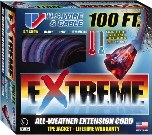 Value Collection - 100', 14/3 Gauge/Conductors, Blue/Pink Indoor & Outdoor Extension Cord - 1 Receptacle, 13 Amps, 125 Volts, UL SJEOW, NEMA 5-15P - Benchmark Tooling