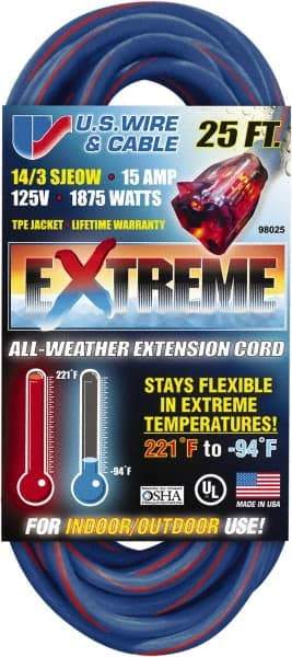 Value Collection - 25', 14/3 Gauge/Conductors, Blue/Pink Indoor & Outdoor Extension Cord - 1 Receptacle, 15 Amps, 125 Volts, UL SJEOW, NEMA 5-15P - Benchmark Tooling