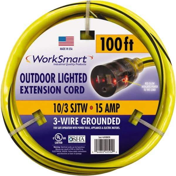 Value Collection - 100', 10/3 Gauge/Conductors, Yellow/Black Outdoor Extension Cord - 1 Receptacle, 15 Amps, UL SJTW, NEMA 5-15P - Benchmark Tooling