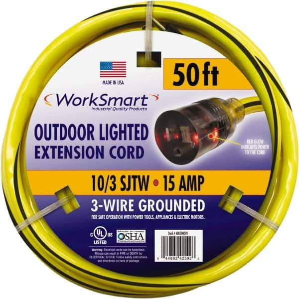 Value Collection - 50', 10/3 Gauge/Conductors, Yellow/Black Outdoor Extension Cord - 1 Receptacle, 15 Amps, UL SJTW, NEMA 5-15P - Benchmark Tooling