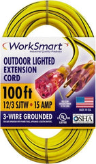 Value Collection - 100', 12/3 Gauge/Conductors, Yellow/Black Outdoor Extension Cord - 1 Receptacle, 15 Amps, UL SJTW, NEMA 5-15P - Benchmark Tooling