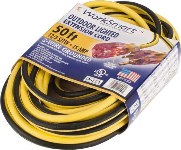 Value Collection - 50', 12/3 Gauge/Conductors, Yellow/Black Outdoor Extension Cord - 1 Receptacle, 15 Amps, UL SJTW, NEMA 5-15P - Benchmark Tooling