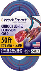 Value Collection - 50', 12/3 Gauge/Conductors, Blue/Red Outdoor Extension Cord - 1 Receptacle, 15 Amps, UL SJTW, NEMA 5-15P - Benchmark Tooling