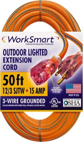 Value Collection - 50', 12/3 Gauge/Conductors, Orange/Blue Outdoor Extension Cord - 1 Receptacle, 15 Amps, UL SJTW, NEMA 5-15P - Benchmark Tooling