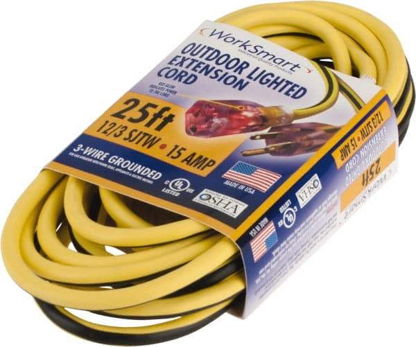 Value Collection - 25', 12/3 Gauge/Conductors, Yellow/Black Outdoor Extension Cord - 1 Receptacle, 15 Amps, UL SJTW, NEMA 5-15P - Benchmark Tooling